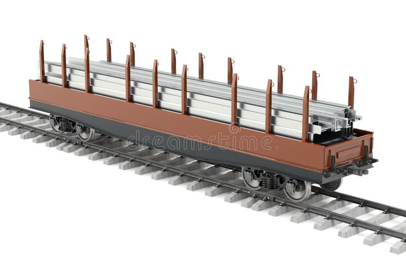 Railroad car with stack of rolled metal products, 3D rendering royalty free illustration