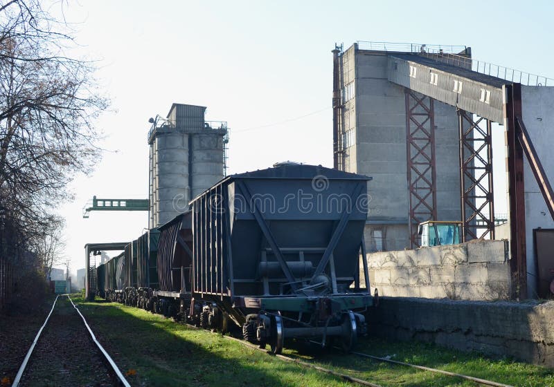 Railroad Cars at Cement Manufacturing Plant. Ready-mix and Building