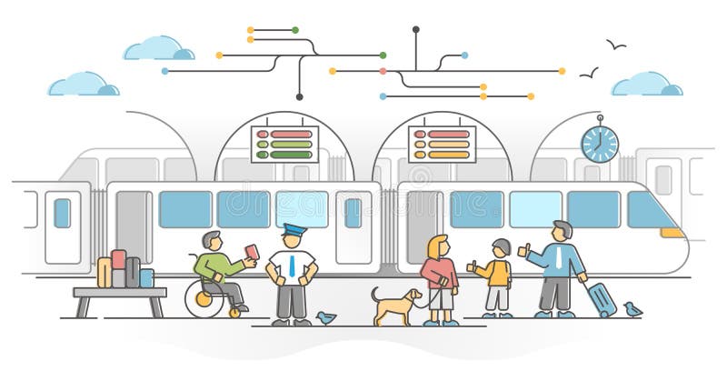 Railway network as train transport with passengers station outline concept royalty free illustration
