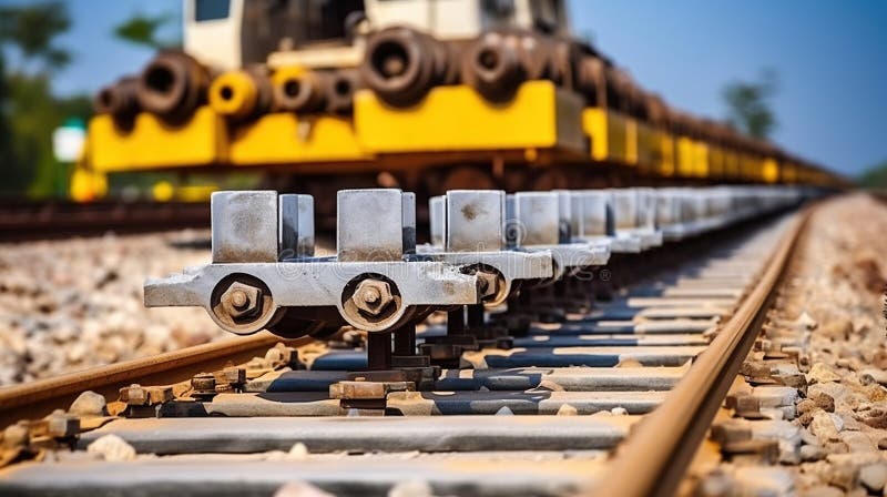 Railway or railroad construction site, railroad track installation machine is in use. Generative AI stock illustration