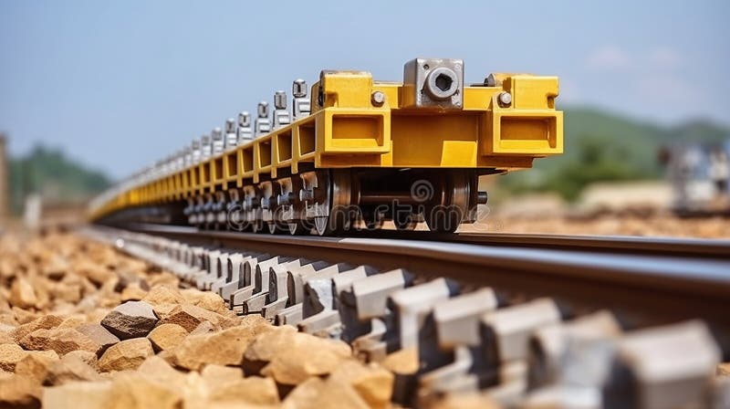 Railway or railroad construction site, railroad track installation machine is in use. Generative AI royalty free illustration