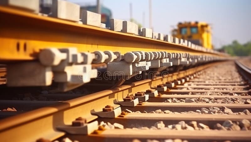 Railway or railroad construction site, railroad track installation machine is in use - Perspective view of Concrete railroad ties royalty free illustration