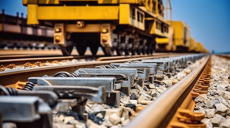 Railway or railroad construction site, railroad track installation machine is in use - Perspective view of Concrete railroad ties royalty free illustration