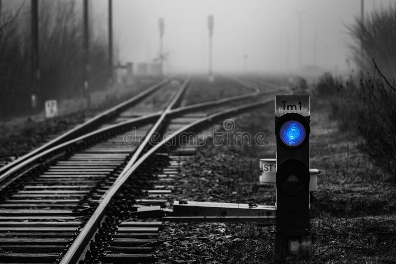 Railway signal with blue light royalty free stock images Railway signal with blue light royalty free stock images