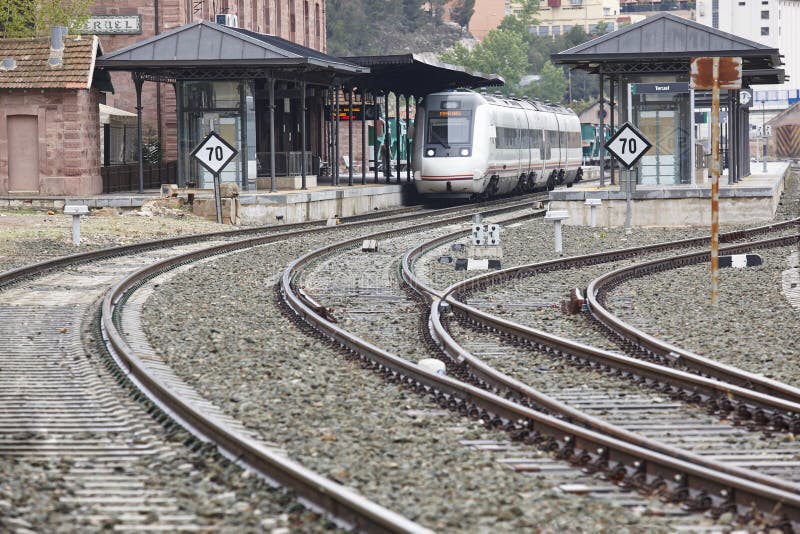 Railway station with train and platform. Teruel, Spain stock image