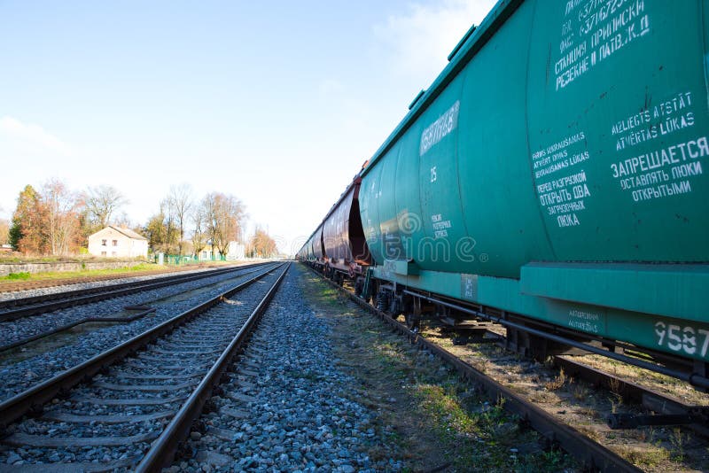 Railway With Cargo Locomotive With Wagons Many Iron Ways And Trains