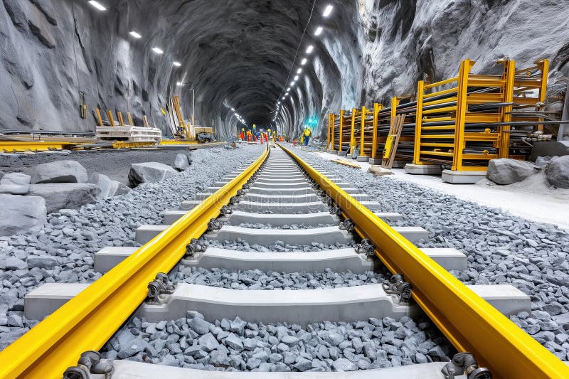 Railway track construction in tunnel. transportation infrastructure and engineering development royalty free illustration