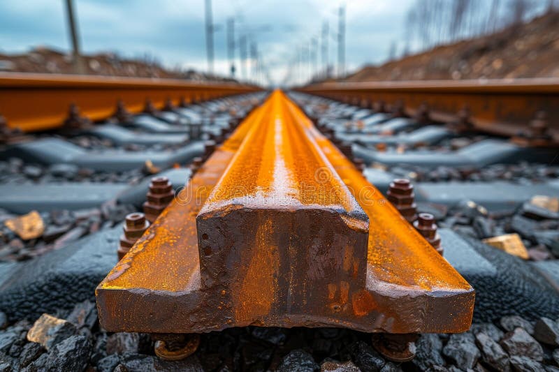 Railway track installation construction, infrastructure development, and rail laying equipment royalty free illustration