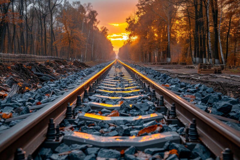 Railway track installation construction of infrastructure and equipment for laying steel rails vector illustration
