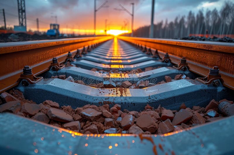 Railway track installation and infrastructure development using specialized rail laying equipment stock illustration