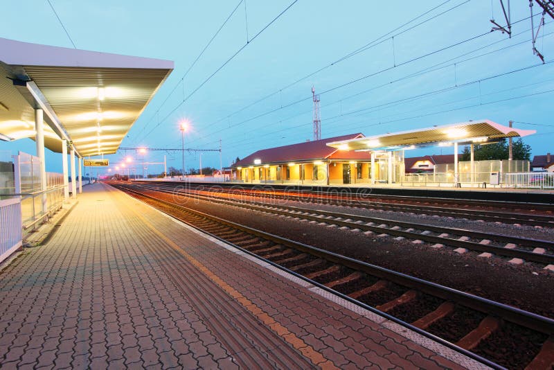 Railway with train platform at night - Slovakia. Night train stock images, royalty-free photos and pictures