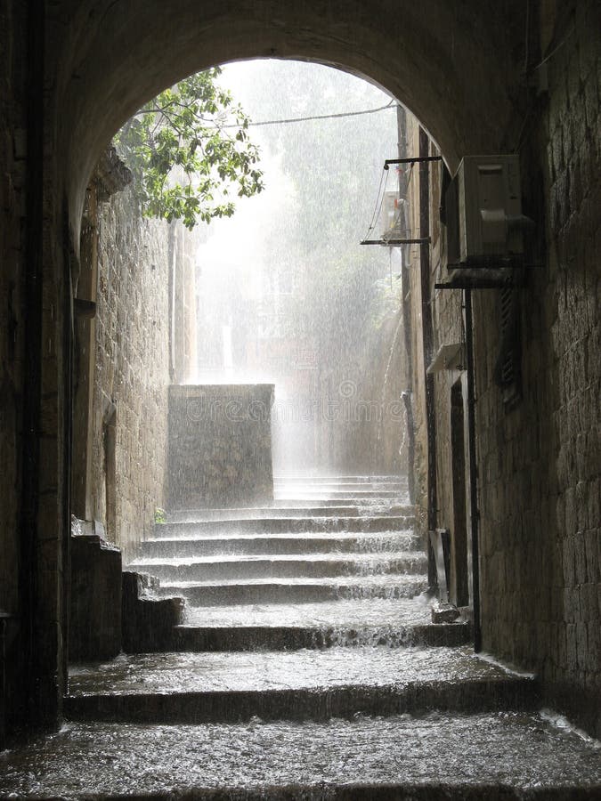 Rain. Strong rain in an old city Rain. Strong rain in an old city