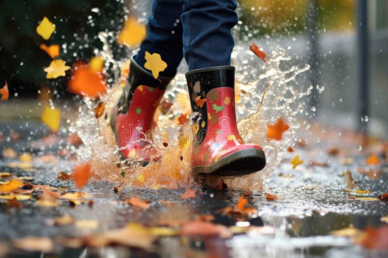 Rain boots splashing in a puddle close-up vector illustration