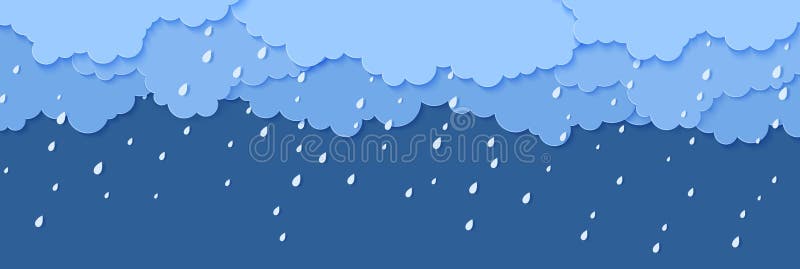 Rain and clouds in paper cut style. Vector storm weather concept with falling water drops from the cloudy sky. Storm