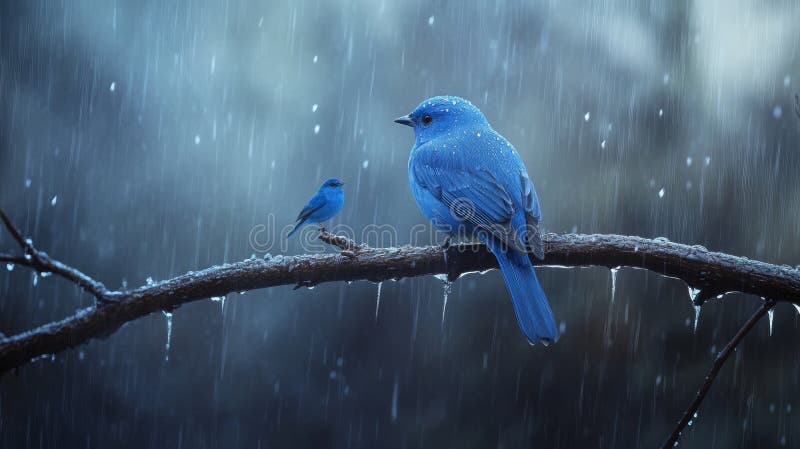 On a rain-drenched branch, a brilliant blue bird perched during a gentle rain. royalty free stock photos