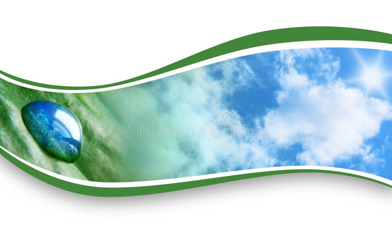 A Water drop is on a leaf and the clouds are on the side. They image are encased in a wave pattern curve with a white background. Green drop illustrations