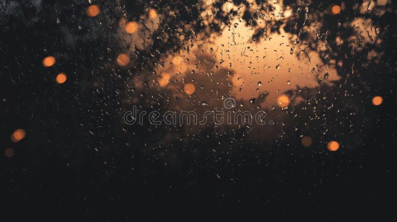 Rain Drops Fall on Window Pane with Warm Bokeh Lights at Sunset, Tranquil Evening royalty free stock images