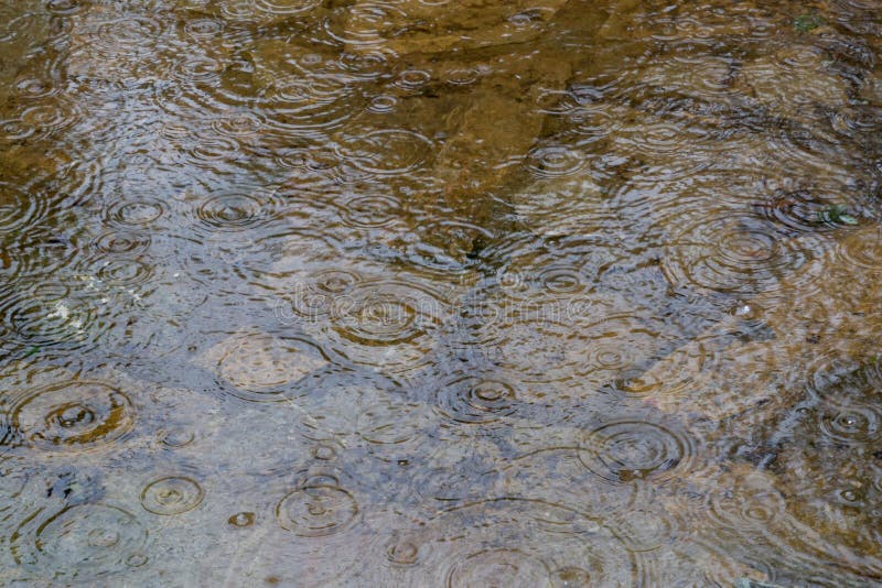 Rain drops splashing on the surface of water in a puddle texture background