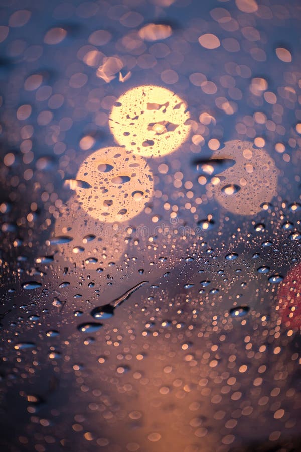 Rain Drops On Window With Road Light Bokeh Raining Season Stock Photo