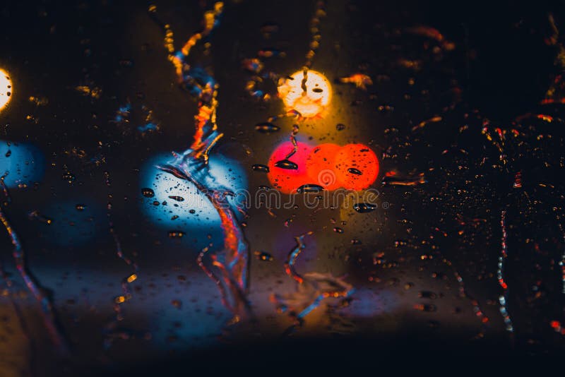 Rain Drops On Window With Road Light Bokeh Raining Season Stock Image