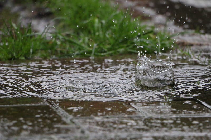 Hard Rain is Falling and Splashing on the Asphalt in the Garden Stock
