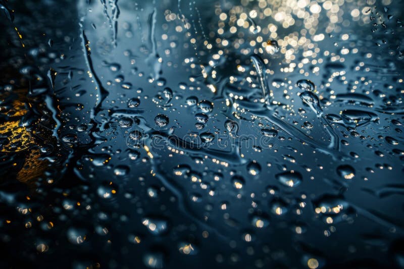 Raindrops streaming down a dark window at night, blurring colorful city lights beyond, creating a dreamy intimate mood