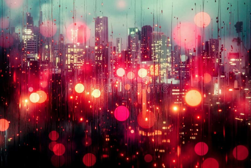 Raindrops tracing dreamy patterns on a nighttime city window, soft blurred lights glowing through the wet glass, creating an intimate, moody atmosphere