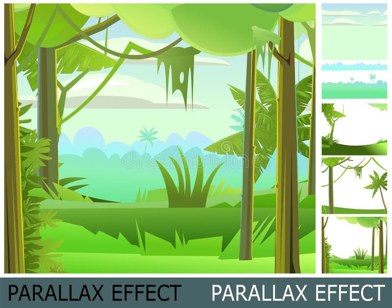 Rain forest. Dense thickets. View from the jungle Tropical forest panorama. Image from layers for overlay with parallax vector illustration