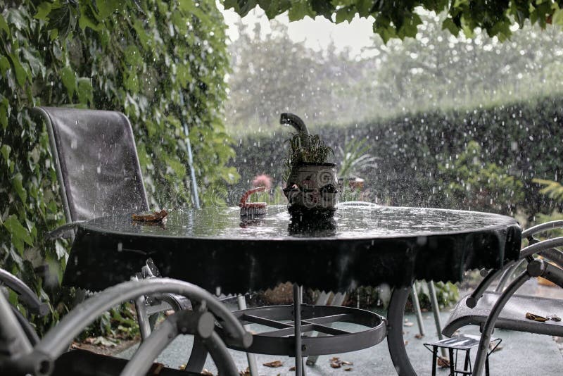 Empty Table And Chair In Garden At Rain Stock Photo Image of exterior