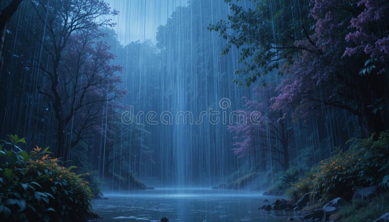 Rain-kaskaderna nere i en tät skog som höljs i en mystisk blåaktig skevning. stock illustrationer