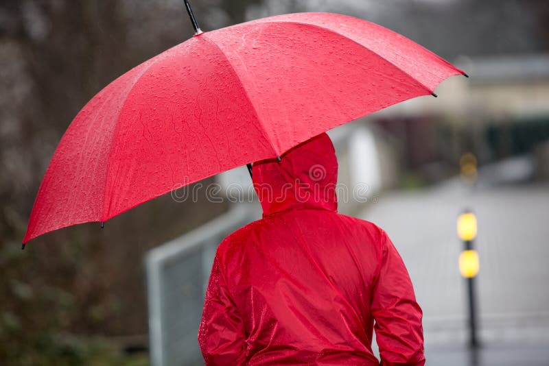 Rain Walk with Her Umbrella and Raincoat Stock Photo Image of parasol
