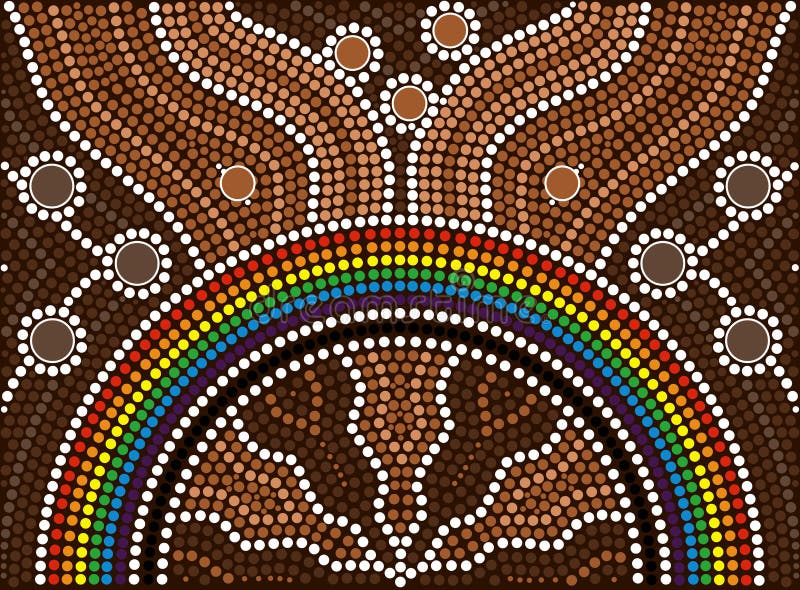 A illustration based on aboriginal style of dot painting depicting rainbow. Australian aboriginal border vectors
