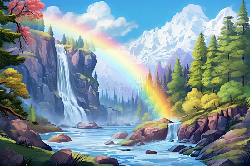 Rainbow arching over a forest waterfall. Concept of serene landscape, natural splendor, rainbow miracle, and tranquil royalty free stock images
