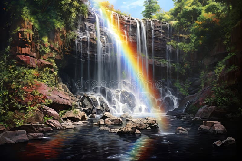 Rainbow arching over a forest waterfall. Concept of serene landscape, natural splendor, rainbow miracle, and tranquil royalty free stock photo