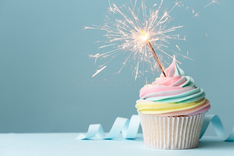 Rainbow Birthday Cupcake with Sparkler Stock Photo Image of pastel
