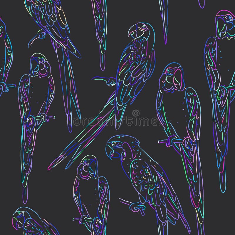 Rainbow blue macaw sketch seamless pattern on black background Textile print, web page fill. Vector stock illustration
