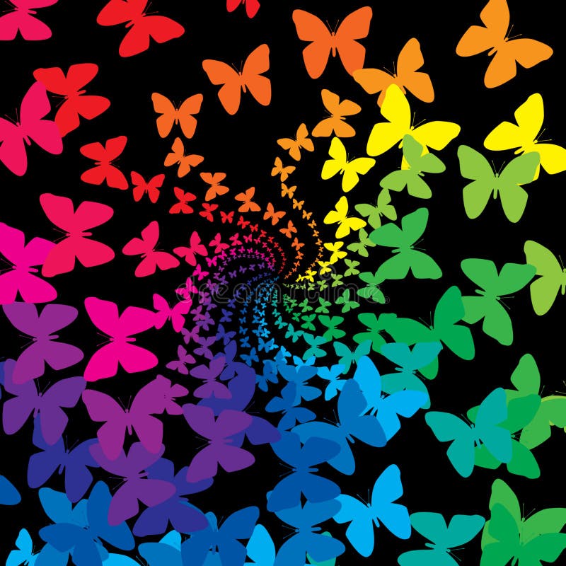 Rainbow butterflies swirl on a black background