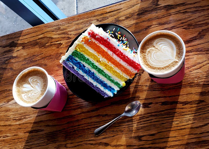 Rainbow Cake with Sprinkles and Cappuccinos