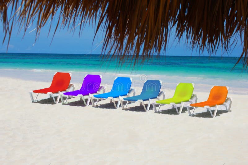 Rainbow chairs on Love Beach, The Bahamas