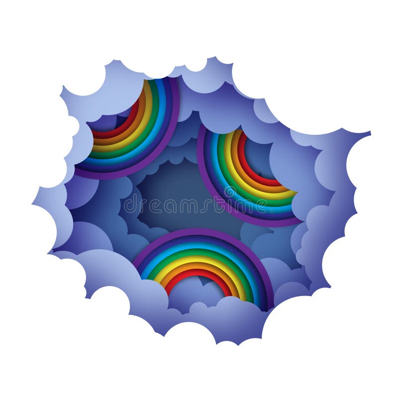 Rainbow. Cloudy Paper Cut Art. Night Sky Clouds Paper Craft Style