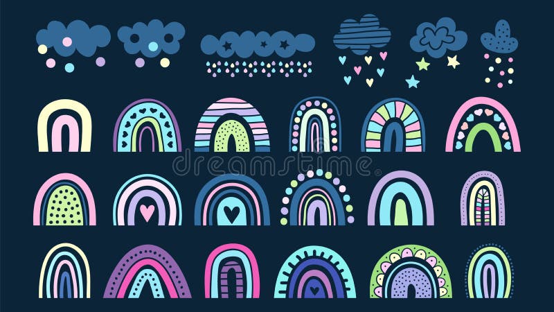 Rainbow collection. Clouds, colorful rainbows in scandinavian style. Childish baby vector elements