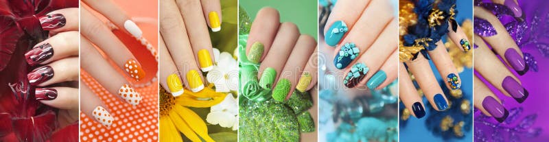 Rainbow collection of nail designs for summer and winter time of year with glitter,sequins and various decorations with flowers. Rainbow collection of nail designs for summer and winter time of year with glitter,sequins and various decorations with flowers.