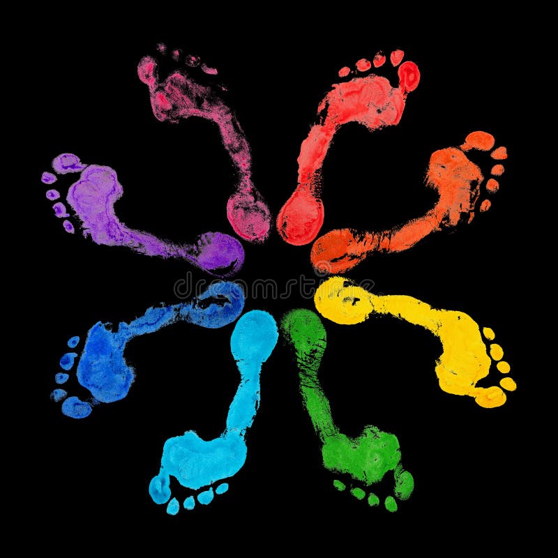 Rainbow color human footprints circle black background isolated, colorful neon light foot print illustration, barefoot footsteps