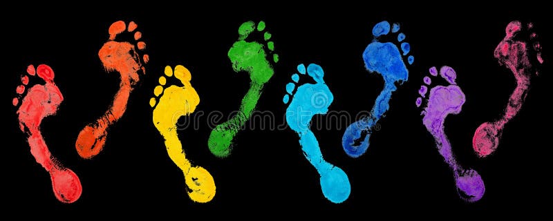 Rainbow color human footprints set black background isolated close up, colorful neon light foot print, barefoot footsteps stock illustration