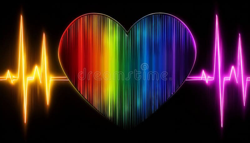 A rainbow colored heart on a black background. A vibrant, colorful heartbeat graphic stock illustration