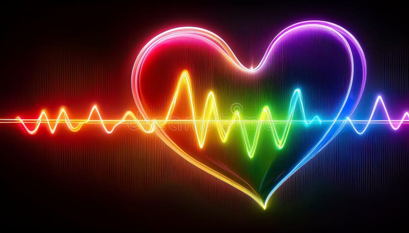 A rainbow colored heart on a black background. A vibrant, colorful heartbeat graphic stock illustration
