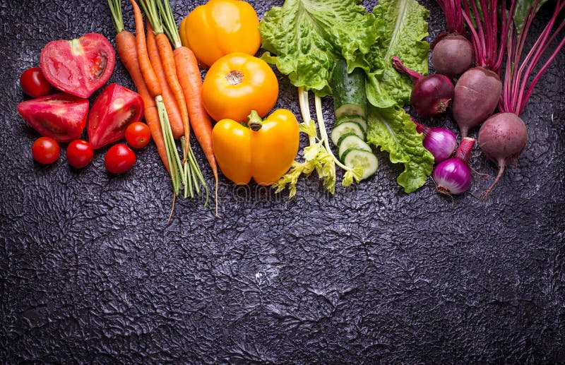 Line from Different Colored Vegetables and Fruits Stock Photo Image