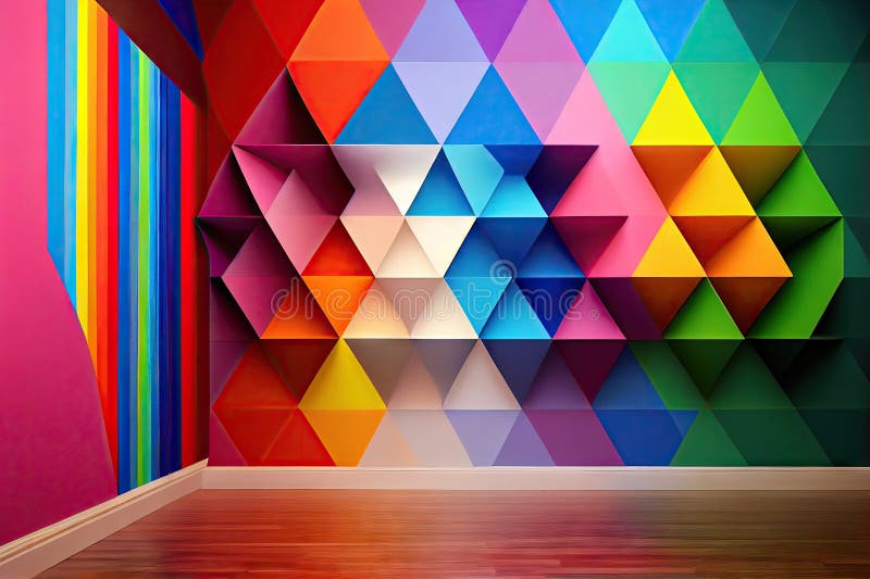 A Rainbowcolored Wall with a Bold, Geometric Pattern. Stock