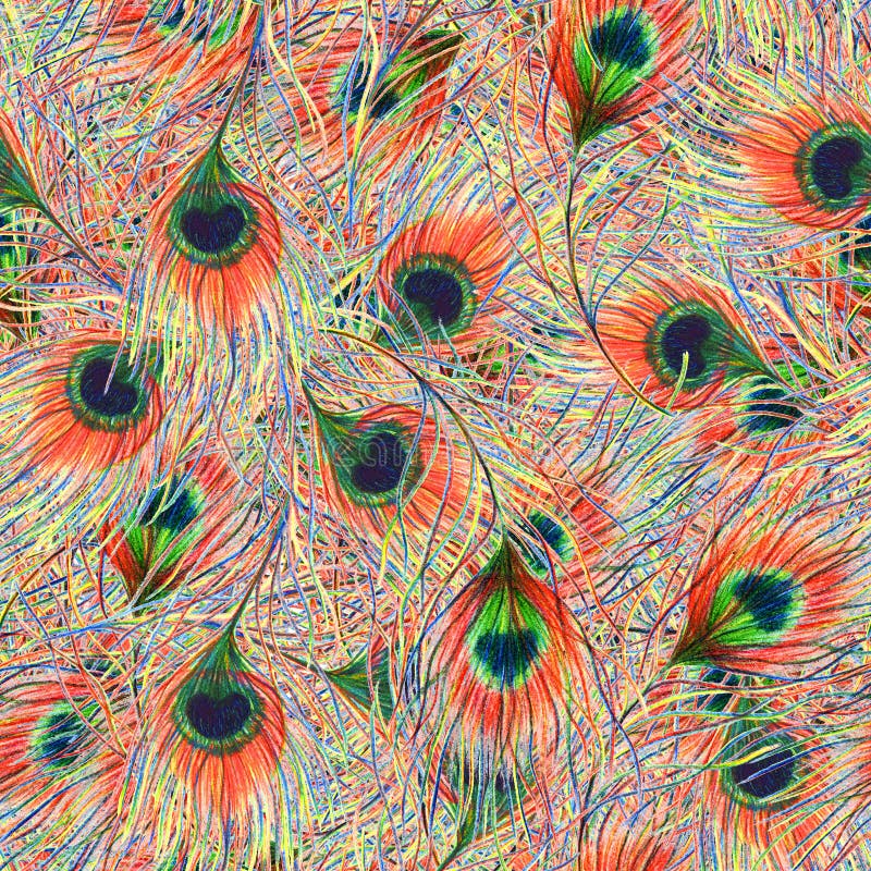 Rainbow colorful peacock bird feather seamless pattern background texture