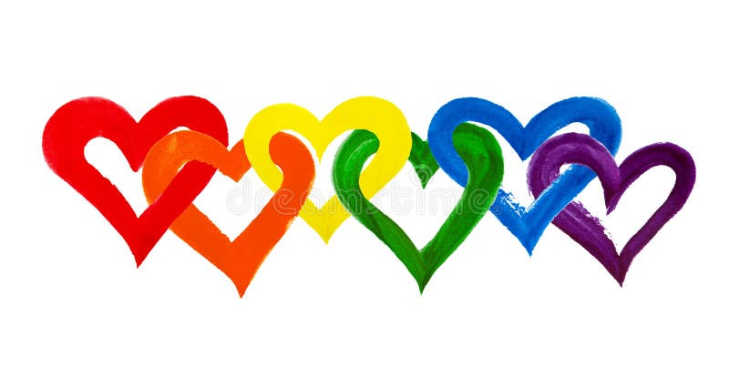 Rainbow colors intertwined hearts on white background isolated close up, overlapping heart LGBT flag color, hand drawn watercolor LGBTQ symbol, lesbian, gay etc love sign, art border, design element. Rainbow colors intertwined hearts on white background isolated close up, overlapping heart LGBT flag color, hand drawn watercolor LGBTQ symbol, lesbian, gay etc love sign, art border, design element